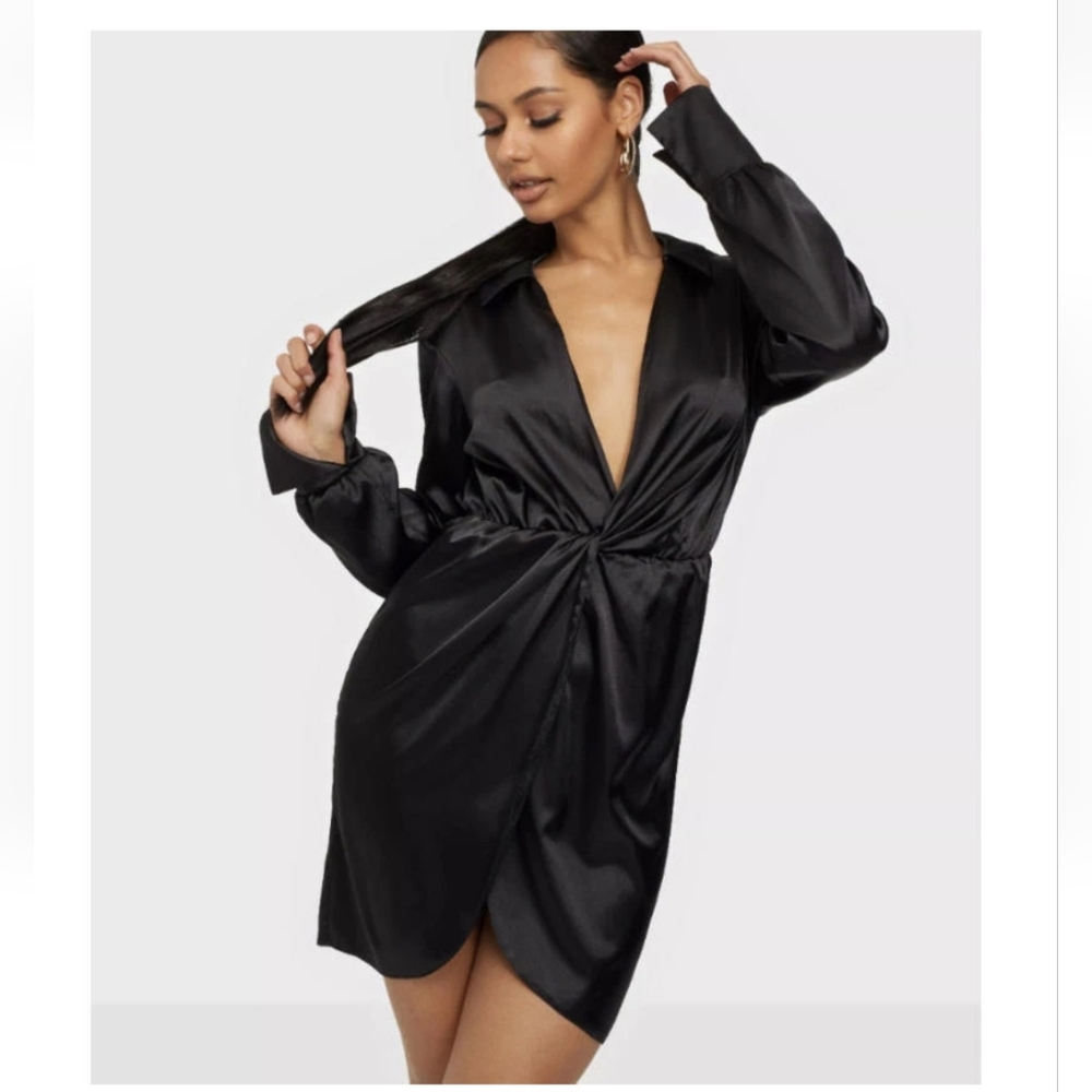 Fashion nova black satin twist long sleeve mini dress 2XL